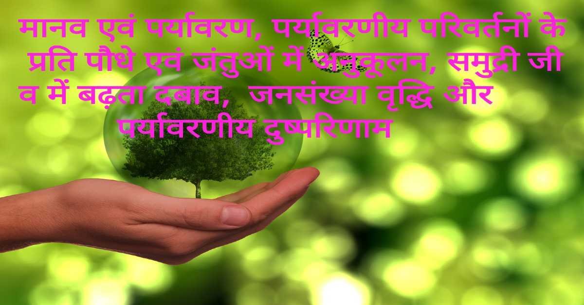 मानव एवं पर्यावरण, पर्यावरणीय परिवर्तनों के प्रति पौधे एवं जंतुओं में अनुकूलन, समुद्री जीव में बढ़ता दबाव, जनसंख्या वृद्धि और पर्यावरणीय दुष्परिणाम |  